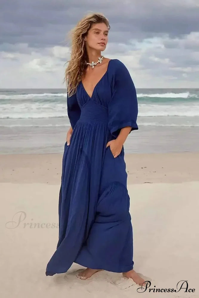 Large Backless Profound V Cotton Boho Dress Blue / S bohodress-250126