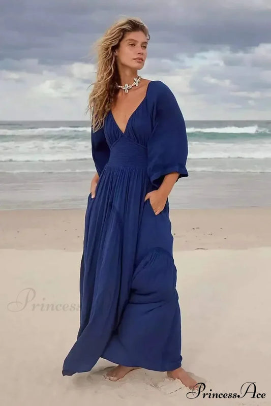 Large Backless Profound V Cotton Boho Dress Blue / S bohodress-250126