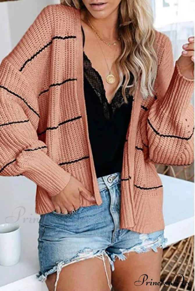 Large Big Loose Strip Printed Vintage Tops Long Sleeve Cardigan Orange / S