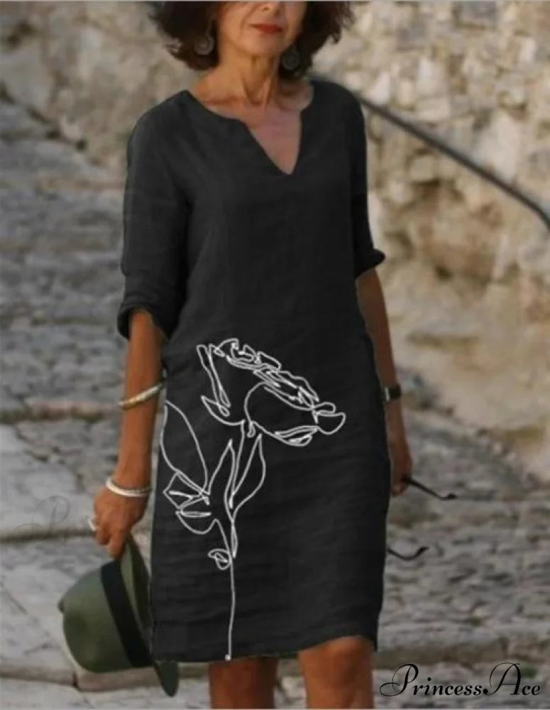 Large Big Printed Boho Casual Party Elegant Dresses black / S