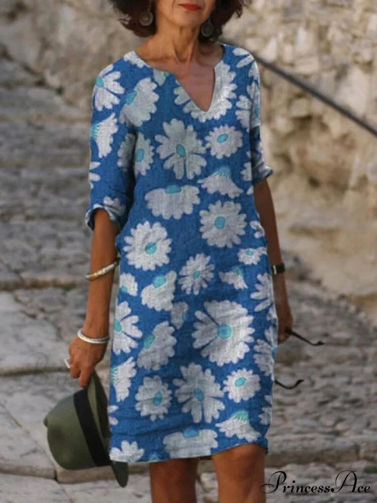 Large Big Printed Boho Casual Party Elegant Dresses blue 2 / S