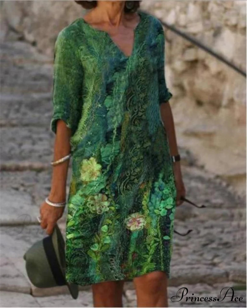 Large Big Printed Boho Casual Party Elegant Dresses dark green / S