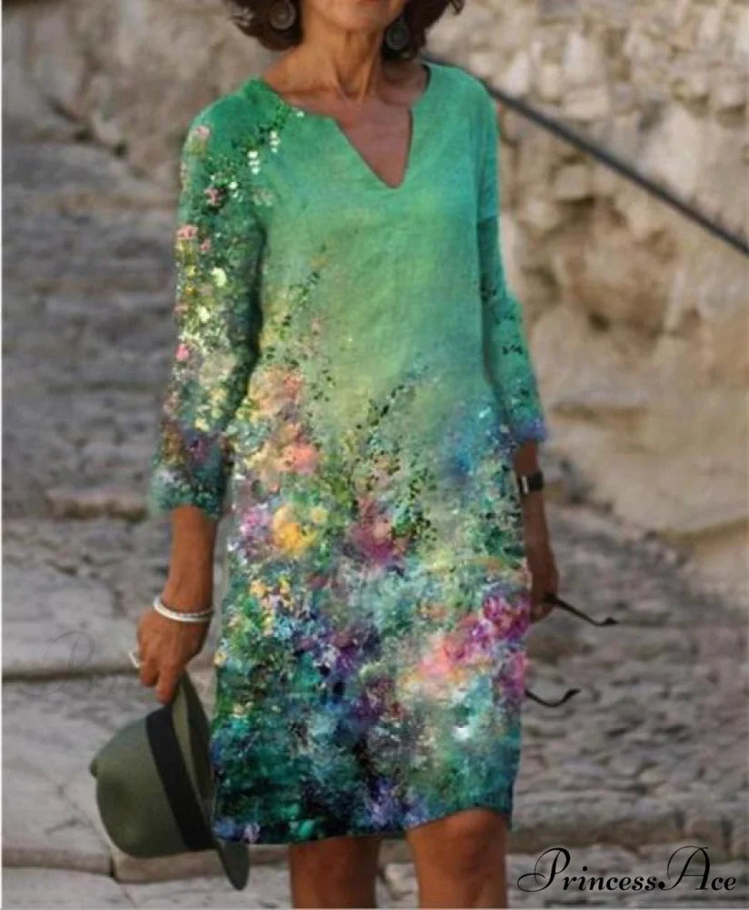 Large Big Printed Boho Casual Party Elegant Dresses green 2 / S