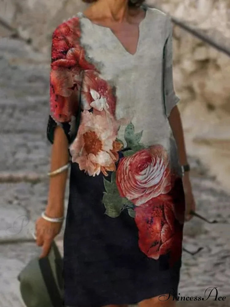 Large Big Printed Boho Casual Party Elegant Dresses grey 3 / S