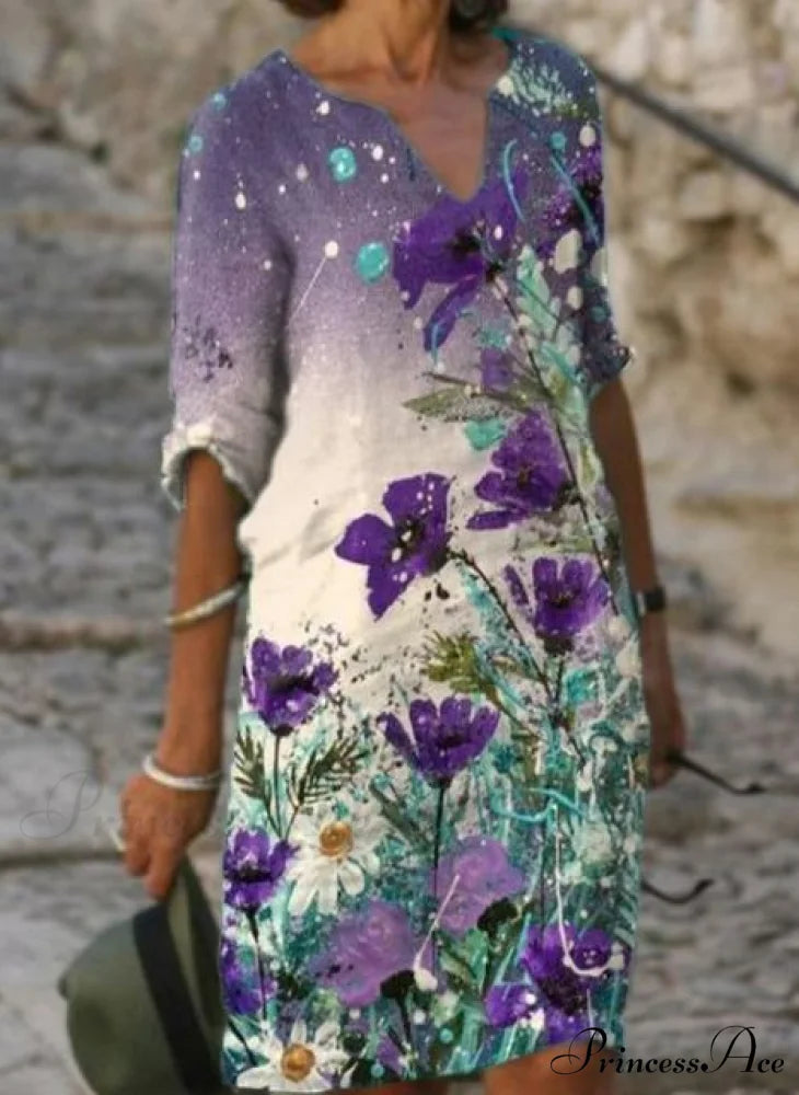 Large Big Printed Boho Casual Party Elegant Dresses purple / S