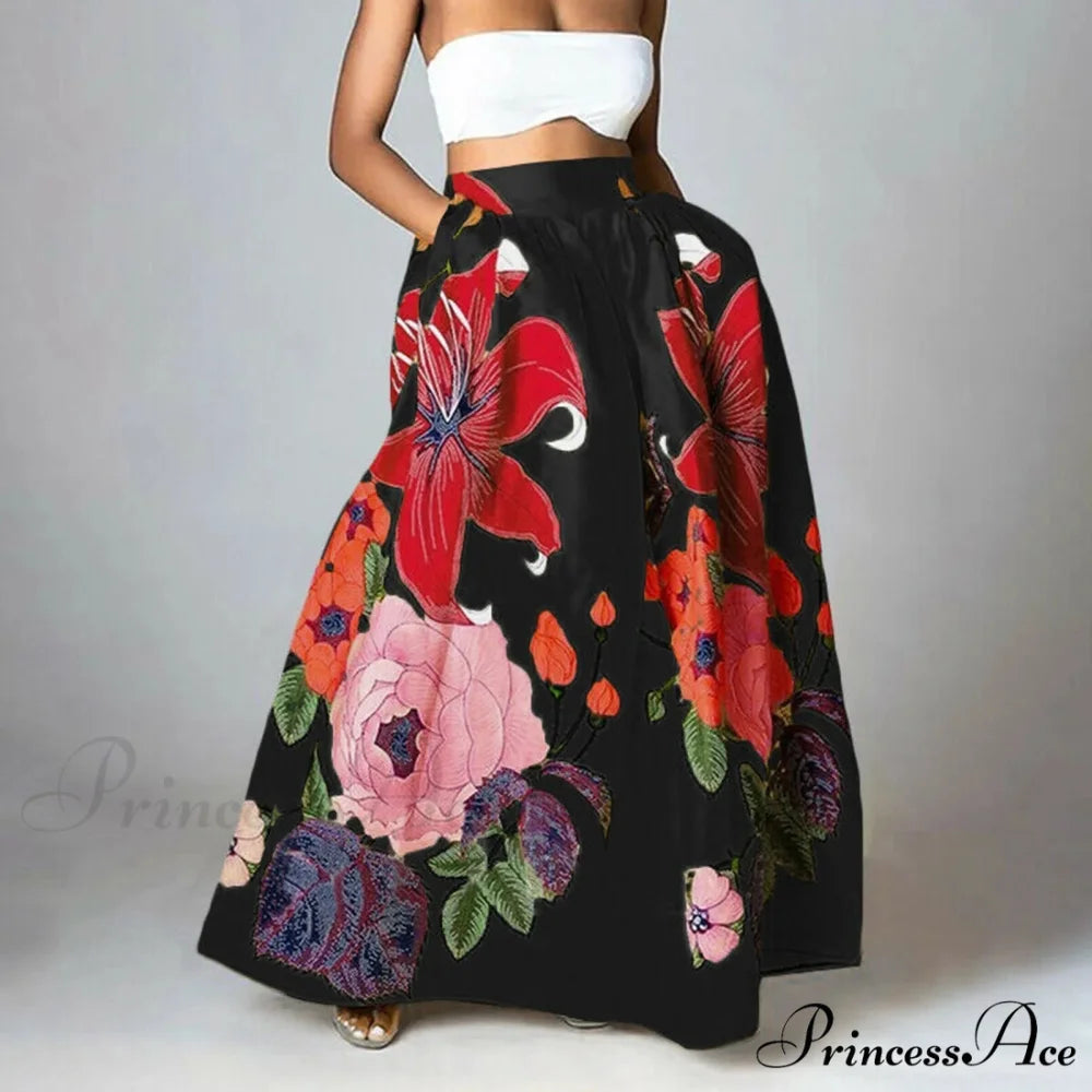 Large Blossom Patterned A-Line High Waist Long Maxi Skirt skirt-250126