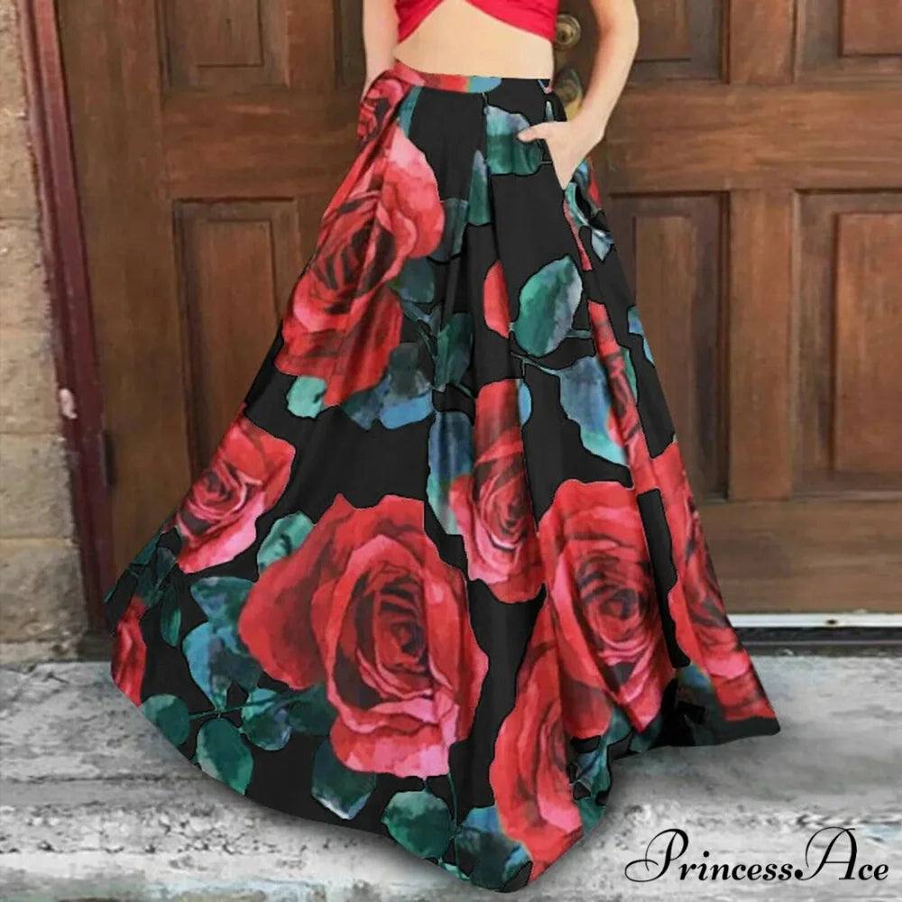 Large Blossom Patterned A-Line High Waist Long Maxi Skirt Black1 / S skirt-250126