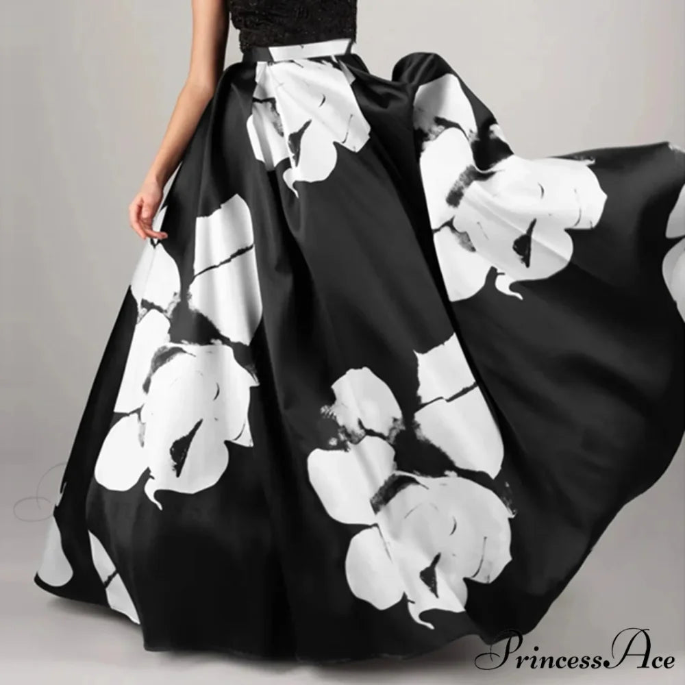 Large Blossom Patterned A-Line High Waist Long Maxi Skirt Black2 / S skirt-250126