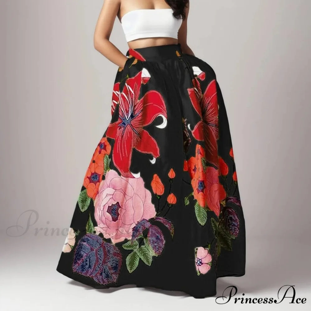 Large Blossom Patterned A-Line High Waist Long Maxi Skirt Black3 / S skirt-250126
