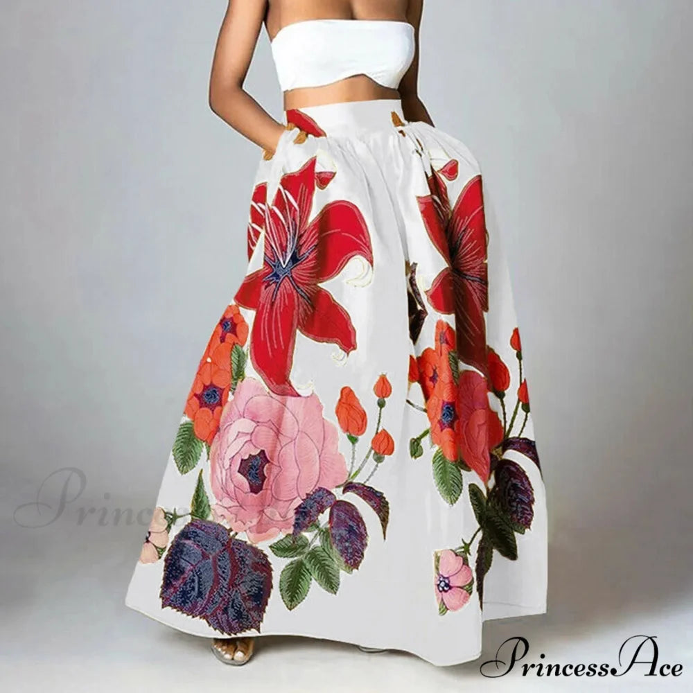 Large Blossom Patterned A-Line High Waist Long Maxi Skirt White1 / S skirt-250126