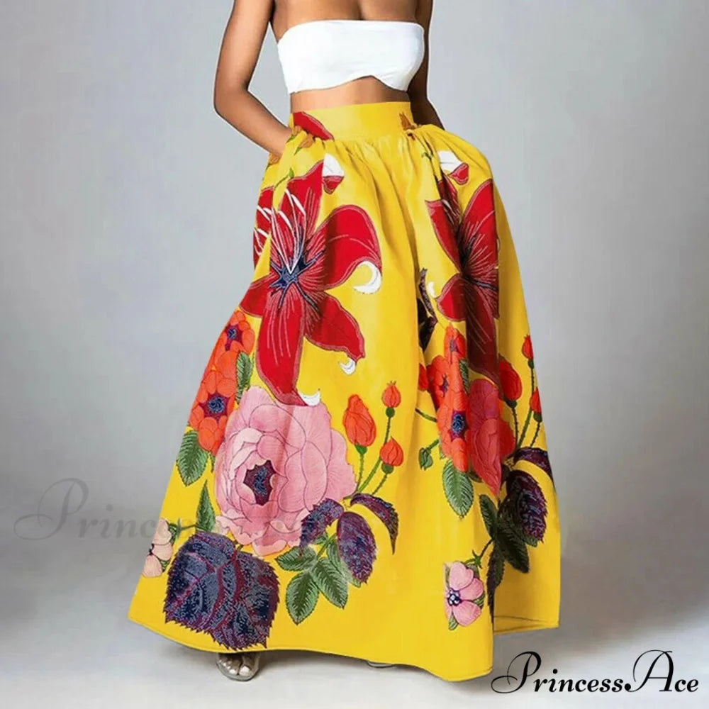 Large Blossom Patterned A-Line High Waist Long Maxi Skirt Yellow1 / S skirt-250126