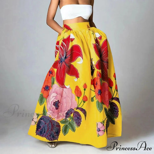 Large Blossom Patterned A-Line High Waist Long Maxi Skirt Yellow1 / S skirt-250126