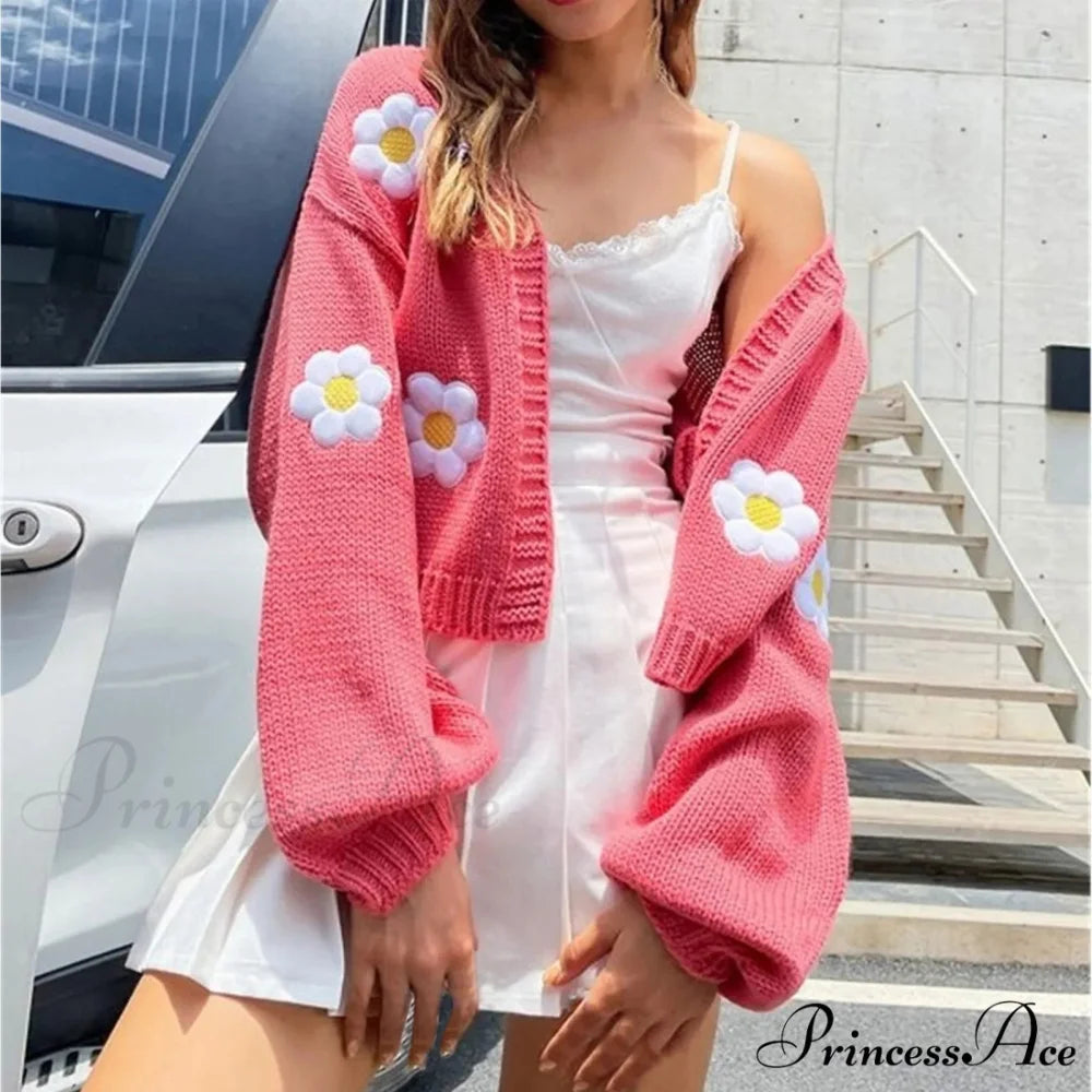 Large Blossom Stitched Cozy Extended Sleeve Unfastened Sweater Coat cardiagn-250126