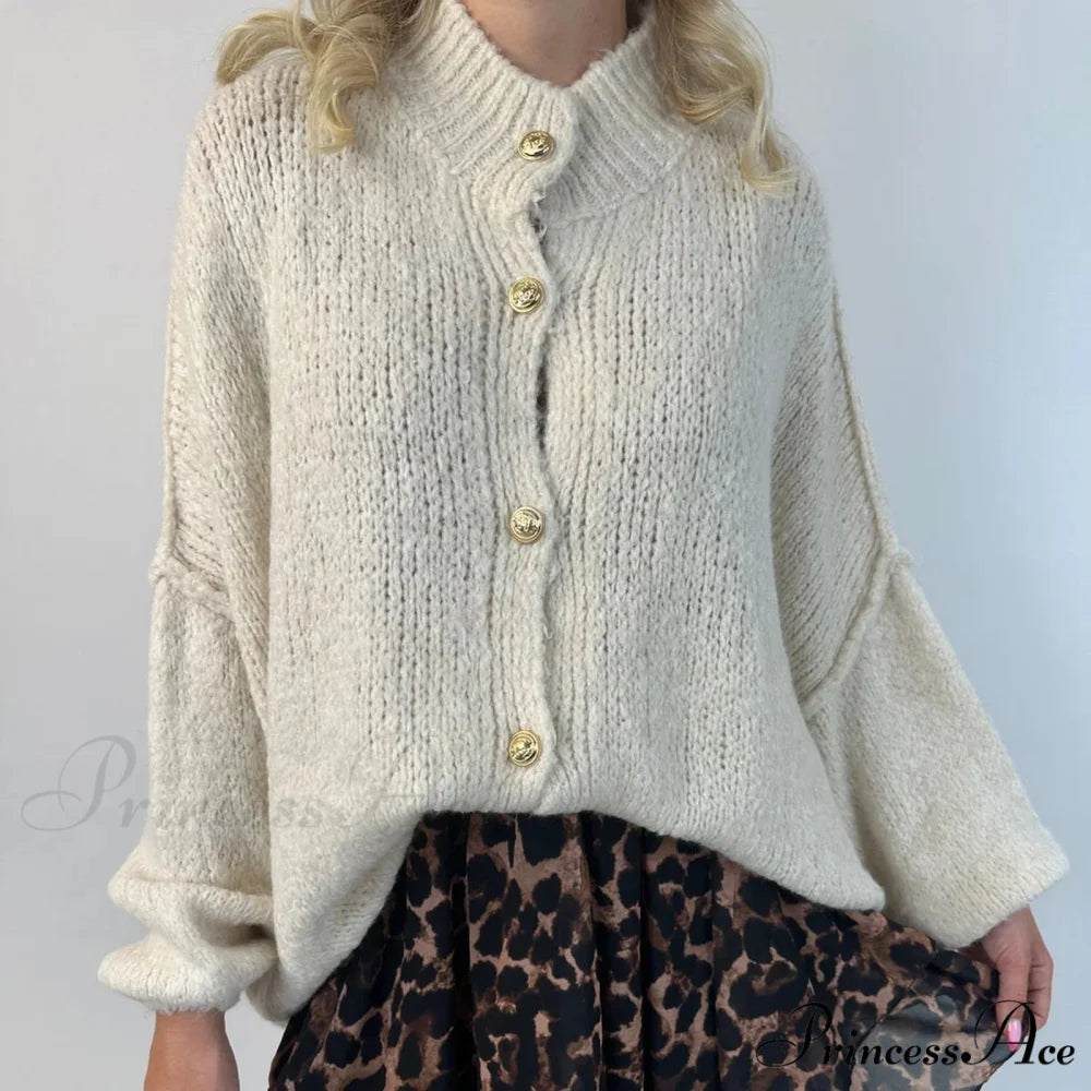 Large Button Up Bulky Knit Cardigan beige / S cardigans-241228