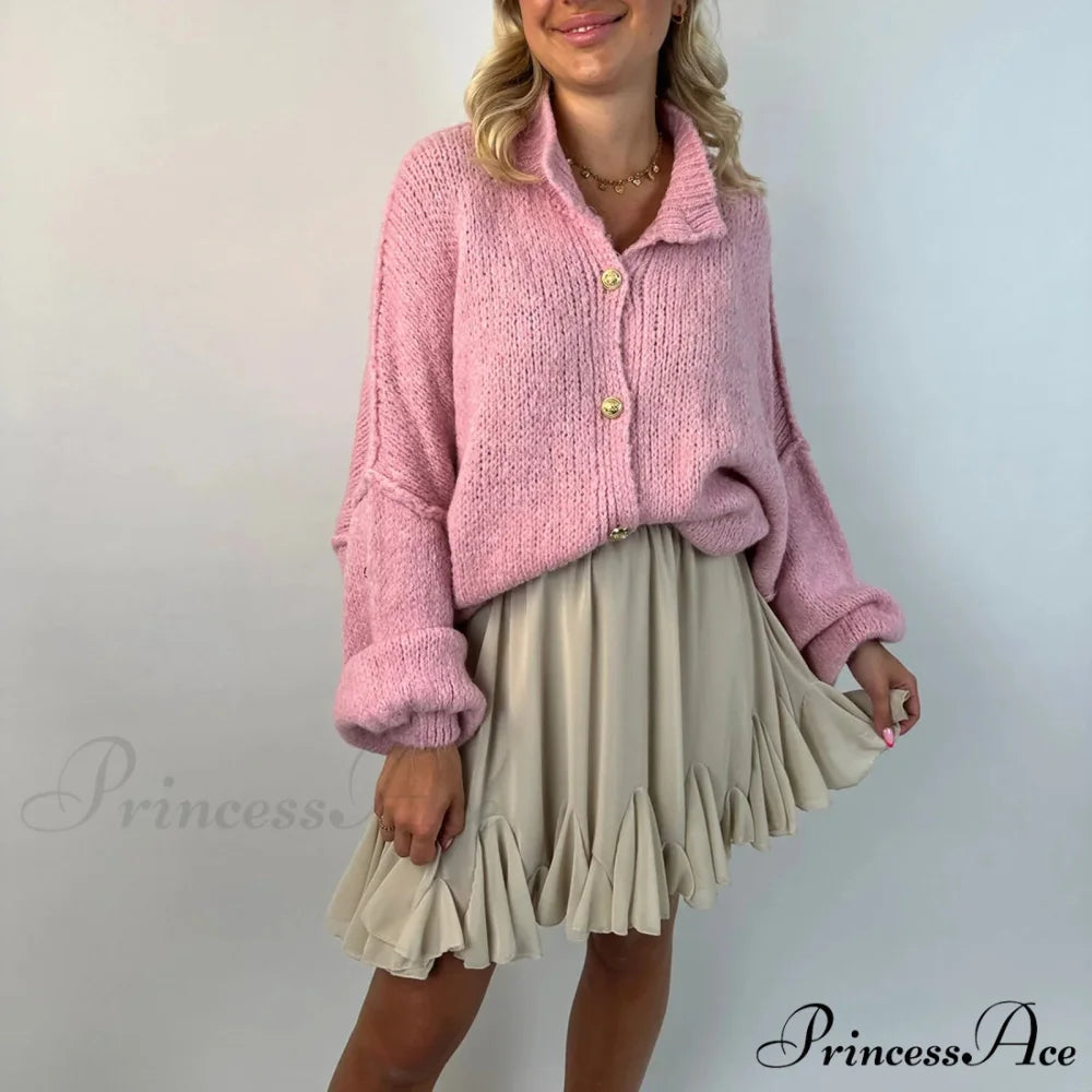Large Button Up Bulky Knit Cardigan pink / S cardigans-241228