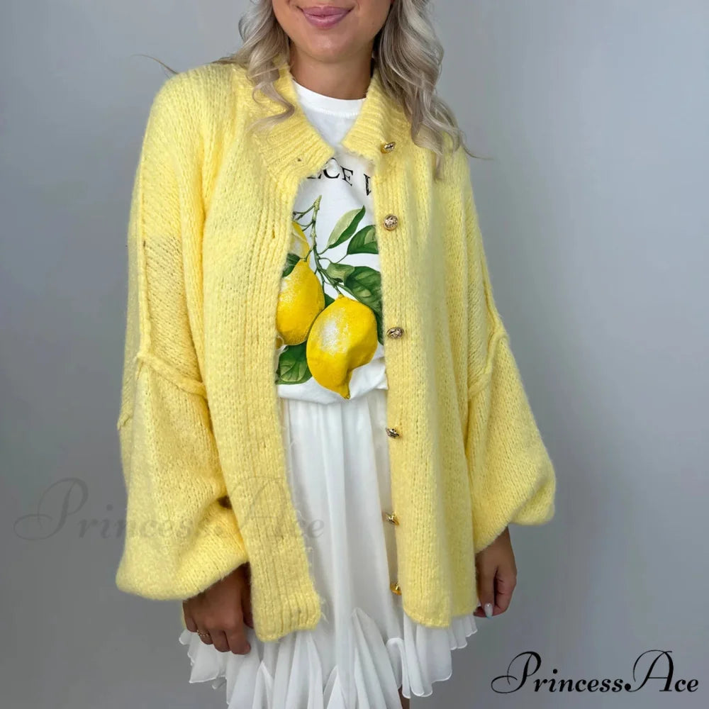 Large Button Up Bulky Knit Cardigan yellow / S cardigans-241228