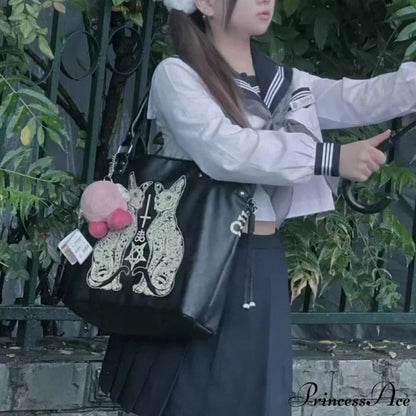 Large Capacity Black High Street Lolita Gothic Leather Y2K Grunge Punk Bag Black