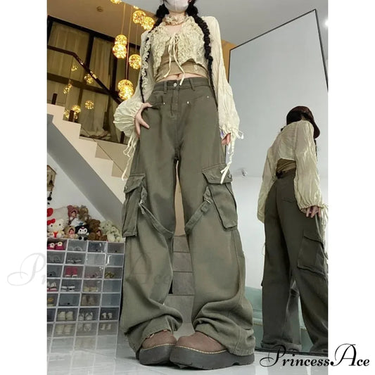 Large Cargo Denim Jeans Women Trousers Green / S pants-241228