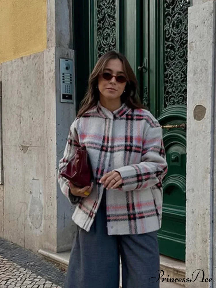Large Checkered Pattern Woolen Bomber Jacket coats-241228