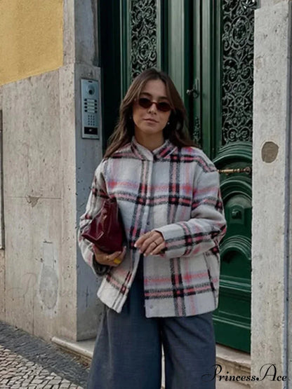 Large Checkered Pattern Woolen Bomber Jacket coats-241228