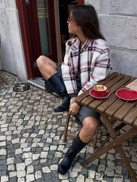 Large Checkered Pattern Woolen Bomber Jacket coats-241228