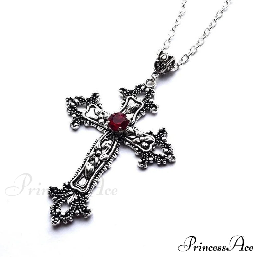 Large Detailed Cross Drill Pendant Jewel Necklace Antique Silver Plated / 70cm