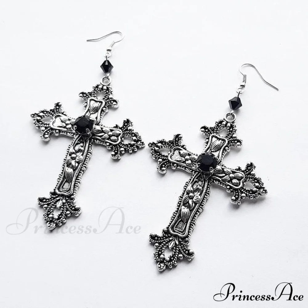 Large Detailed Cross Drill Pendant Jewel Necklace Black Zinc Plated / 70cm