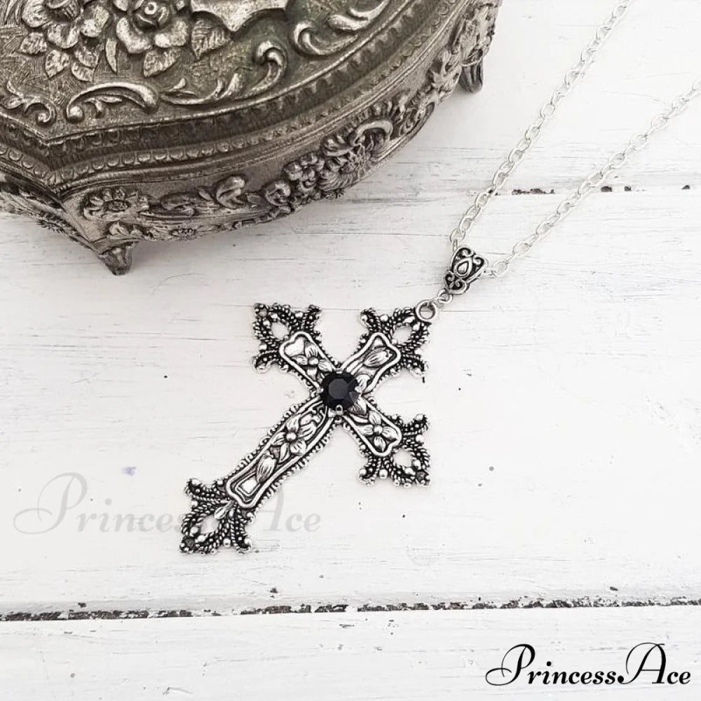 Large Detailed Cross Drill Pendant Jewel Necklace Plating gun / 70cm