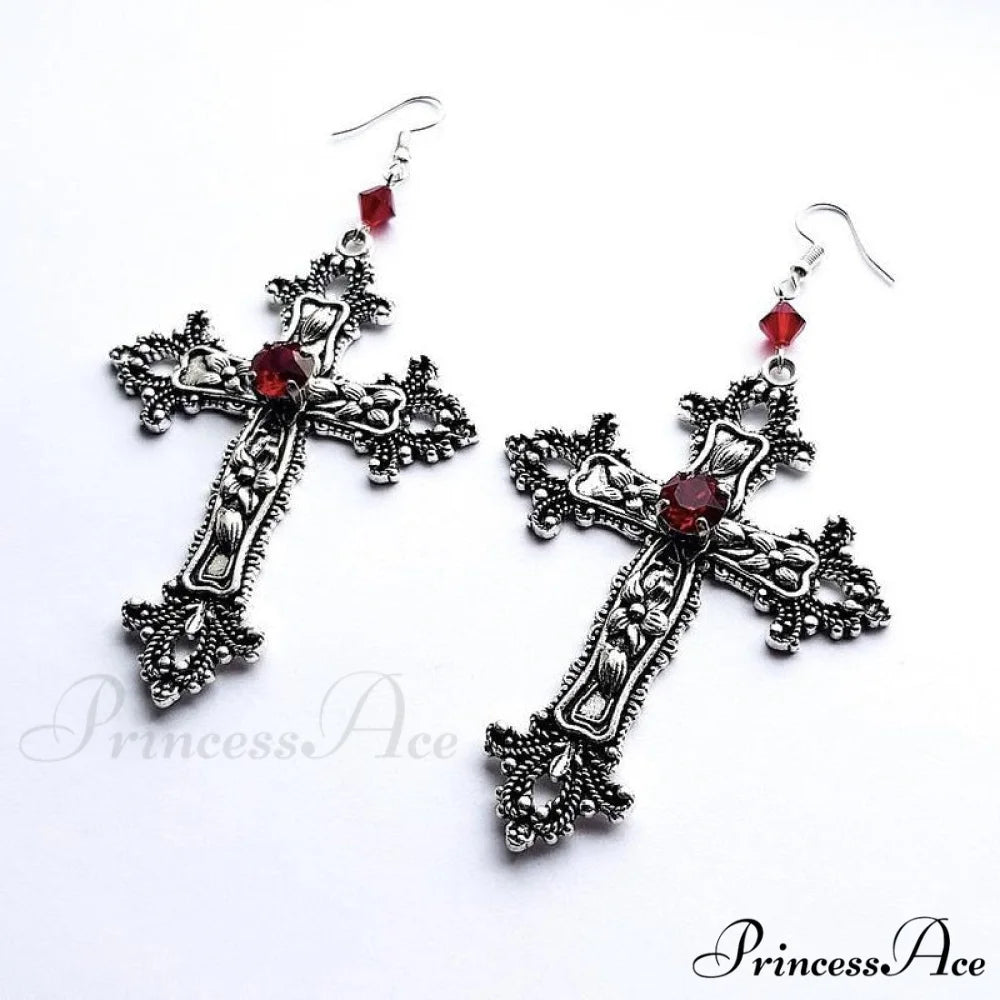 Large Detailed Cross Drill Pendant Jewel Necklace Red / 70cm