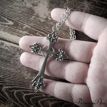 Large Detailed Cross Drill Pendant Jewel Necklace Silver Plated / 70cm