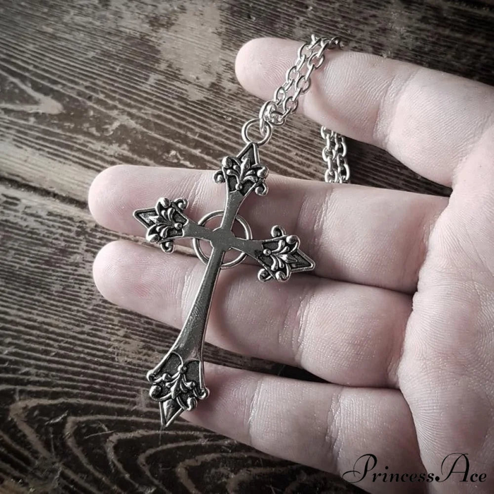 Large Detailed Cross Drill Pendant Jewel Necklace Silver Plated / 70cm