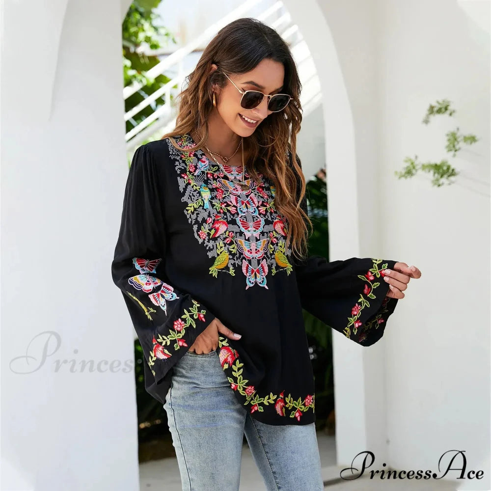 Large Flower Embroidery Baggy Cotton Boho Top bohoblouse-250126