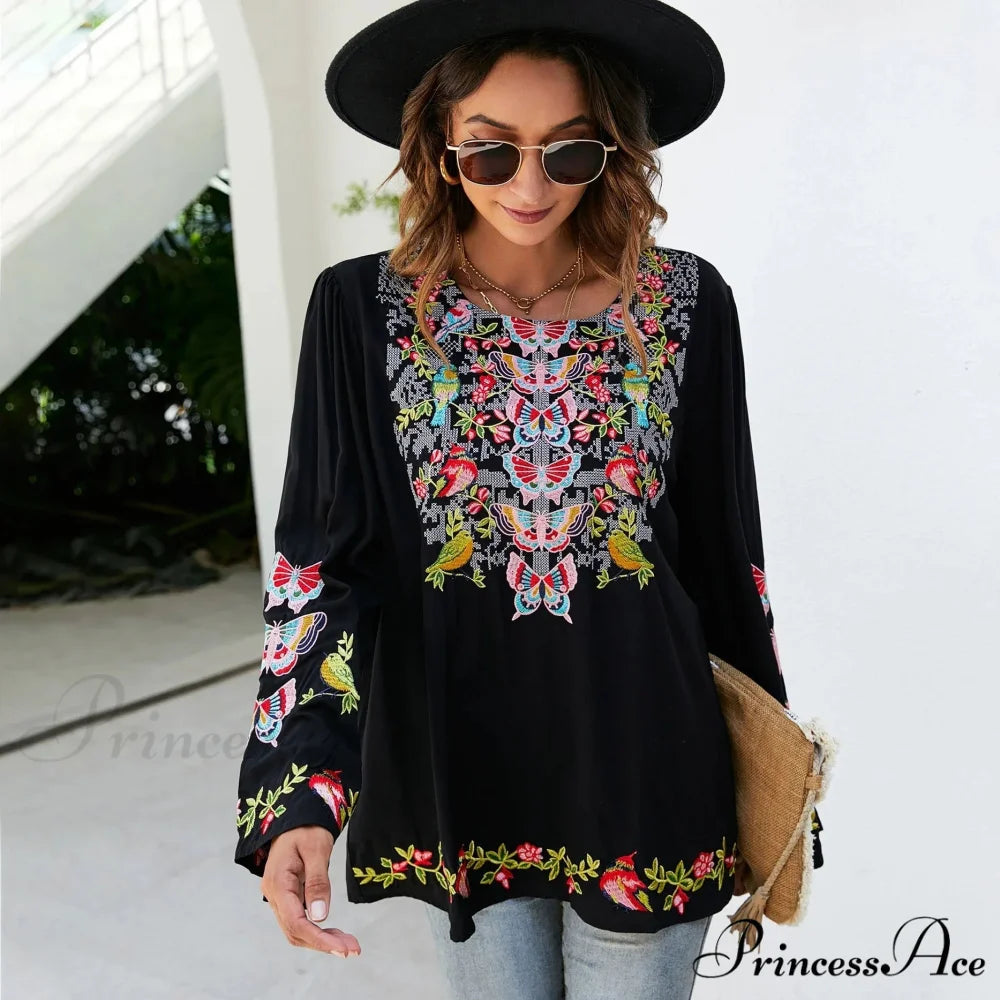Large Flower Embroidery Baggy Cotton Boho Top bohoblouse-250126