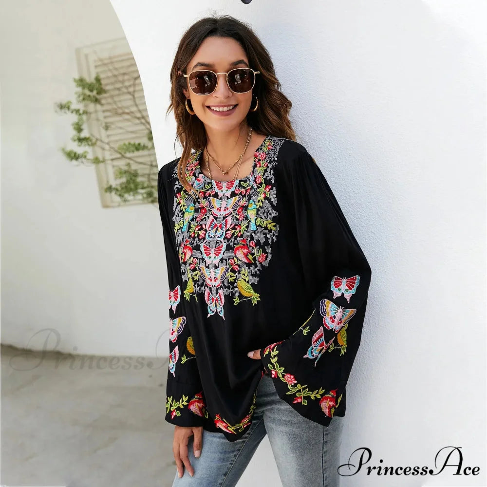 Large Flower Embroidery Baggy Cotton Boho Top bohoblouse-250126