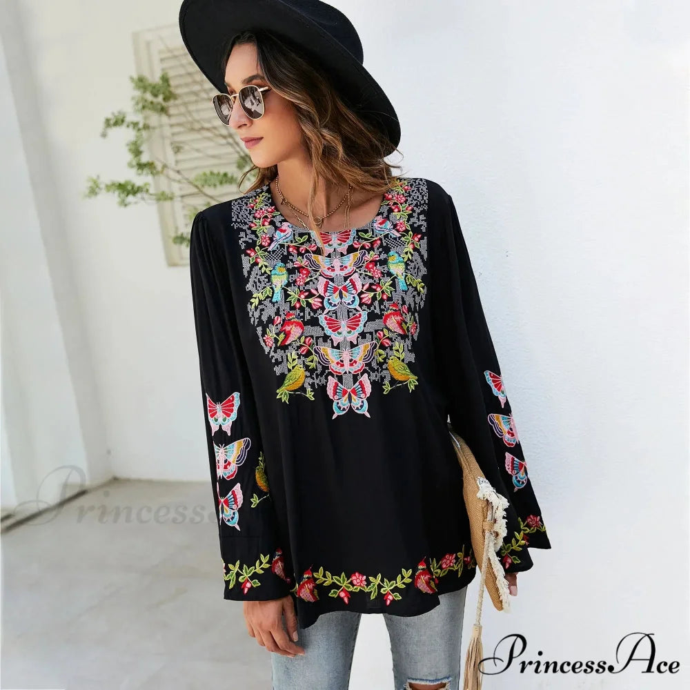 Large Flower Embroidery Baggy Cotton Boho Top bohoblouse-250126