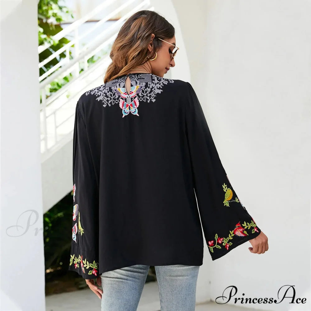 Large Flower Embroidery Baggy Cotton Boho Top bohoblouse-250126