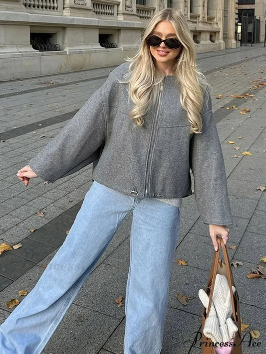 Large Grey Drawstring Woolen Coat coats-241228