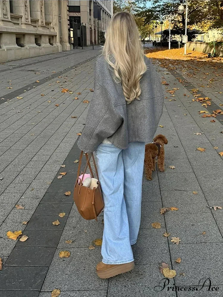 Large Grey Drawstring Woolen Coat coats-241228