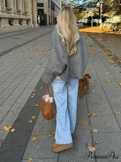 Large Grey Drawstring Woolen Coat coats-241228