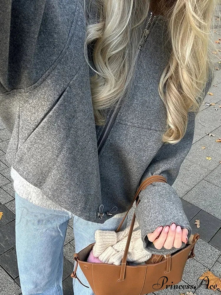 Large Grey Drawstring Woolen Coat coats-241228