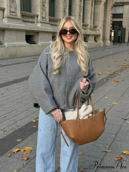 Large Grey Drawstring Woolen Coat coats-241228