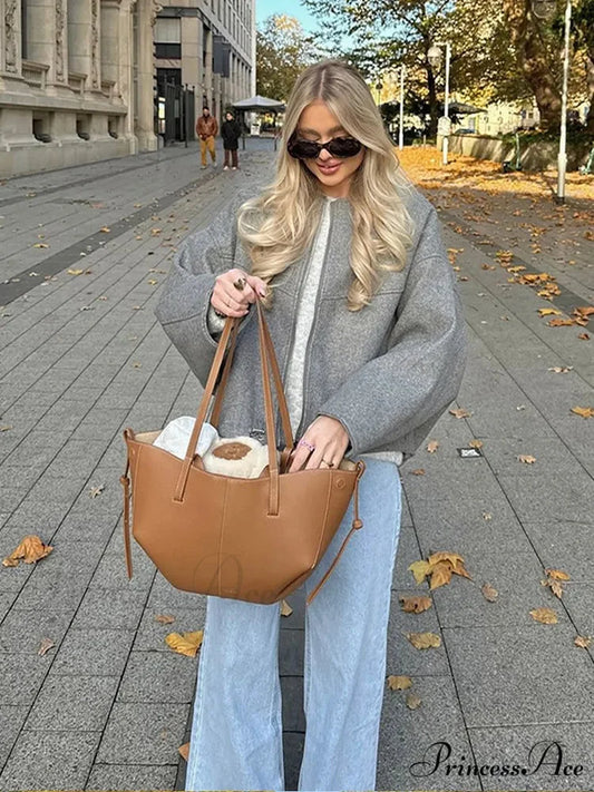 Large Grey Drawstring Woolen Coat Grey / S coats-241228