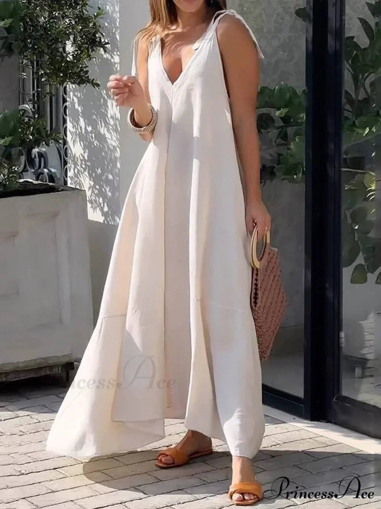 Large Hem Solid Color Graceful Sleeveless V-Neck Strap Maxi Dress White / S