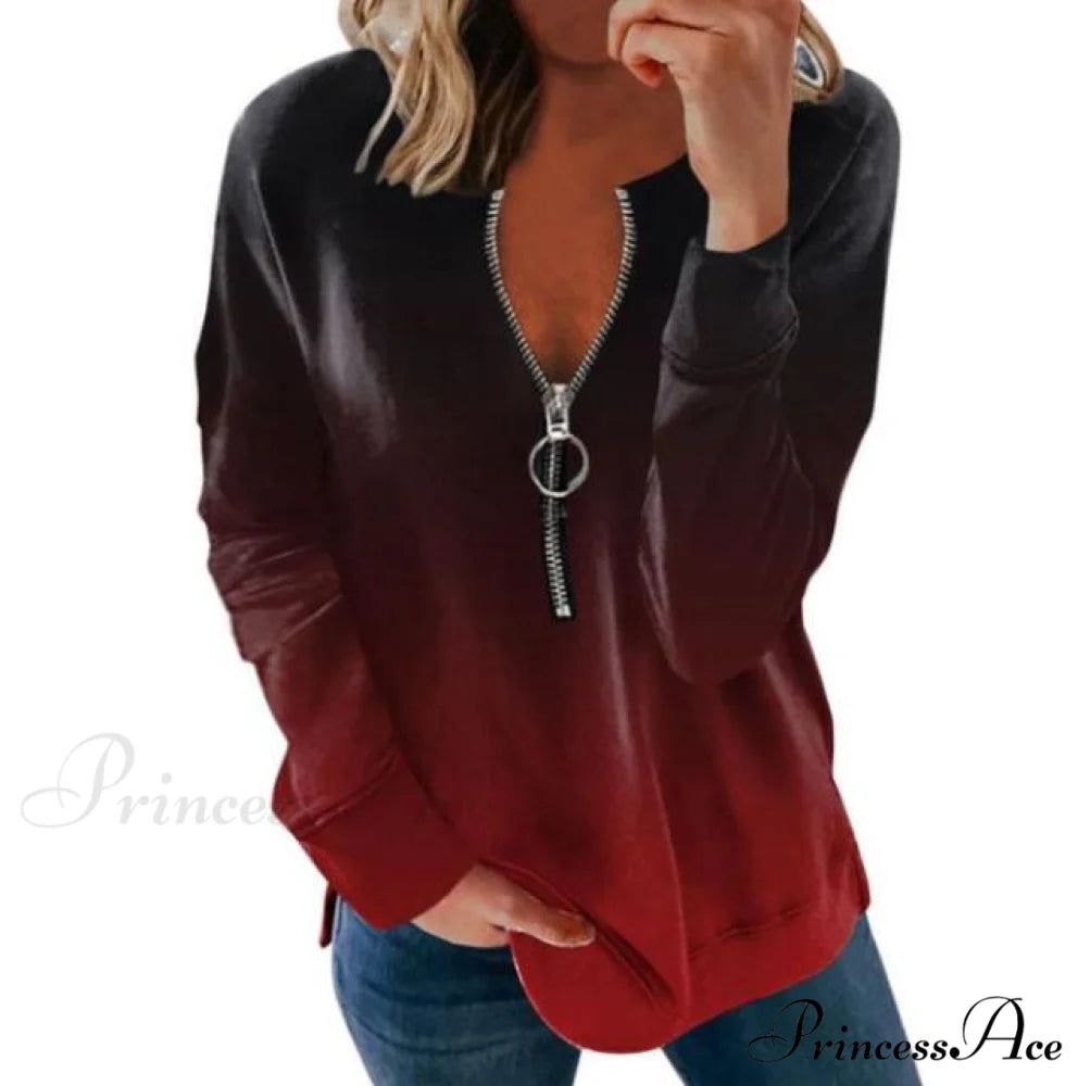 Large Loose Zipper Sexy Printed Vintage T Shirts dark red / S