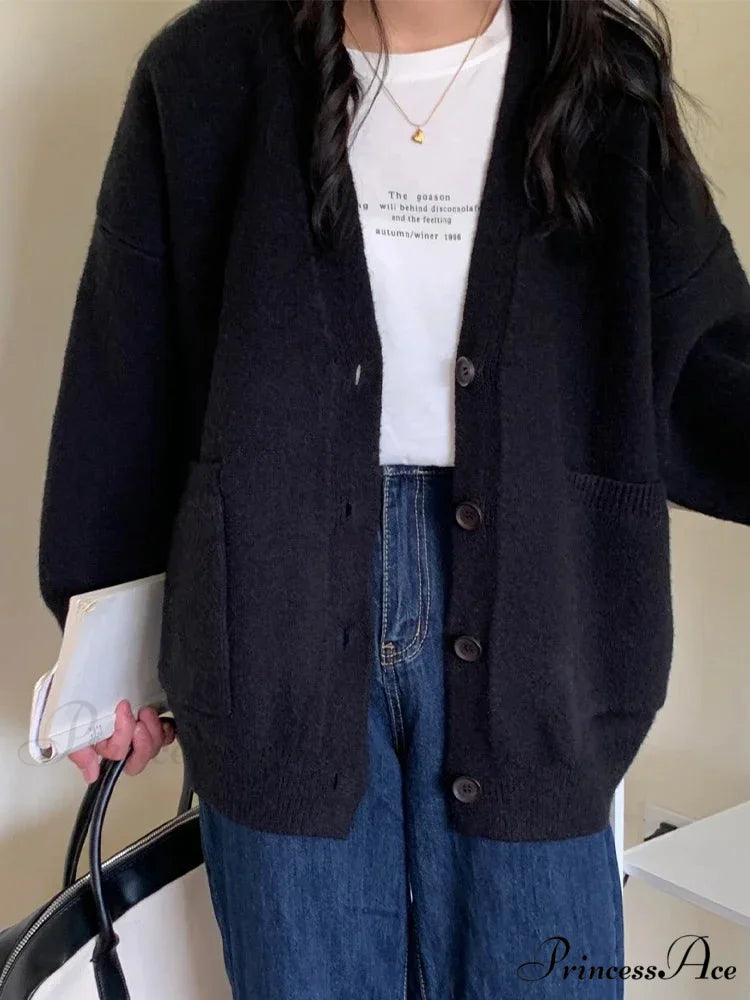 Large Preppy V-Neck Knitted Knit Cardigan Black / One Size cardiagn-250126