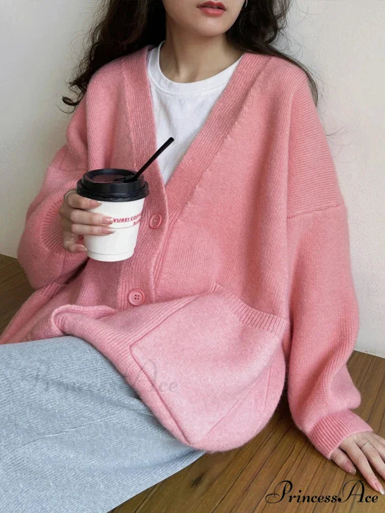 Large Preppy V-Neck Knitted Knit Cardigan cardiagn-250126