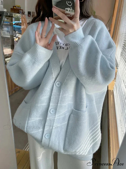 Large Preppy V-Neck Knitted Knit Cardigan Milk blue / One Size cardiagn-250126