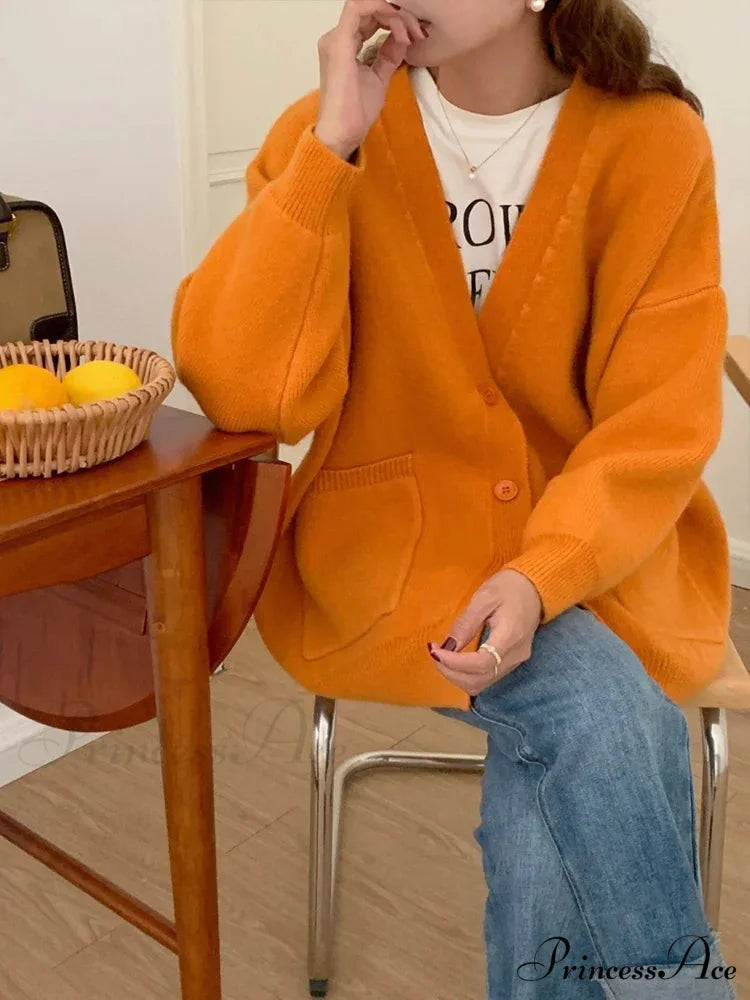 Large Preppy V-Neck Knitted Knit Cardigan Orange / One Size cardiagn-250126