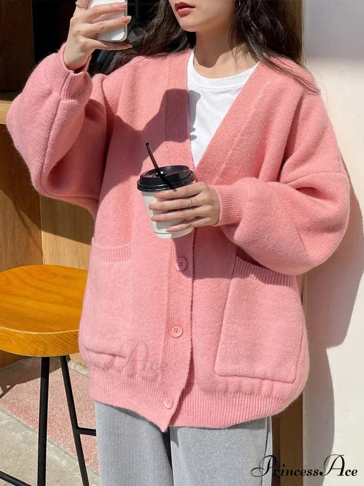 Large Preppy V-Neck Knitted Knit Cardigan Pink / One Size cardiagn-250126