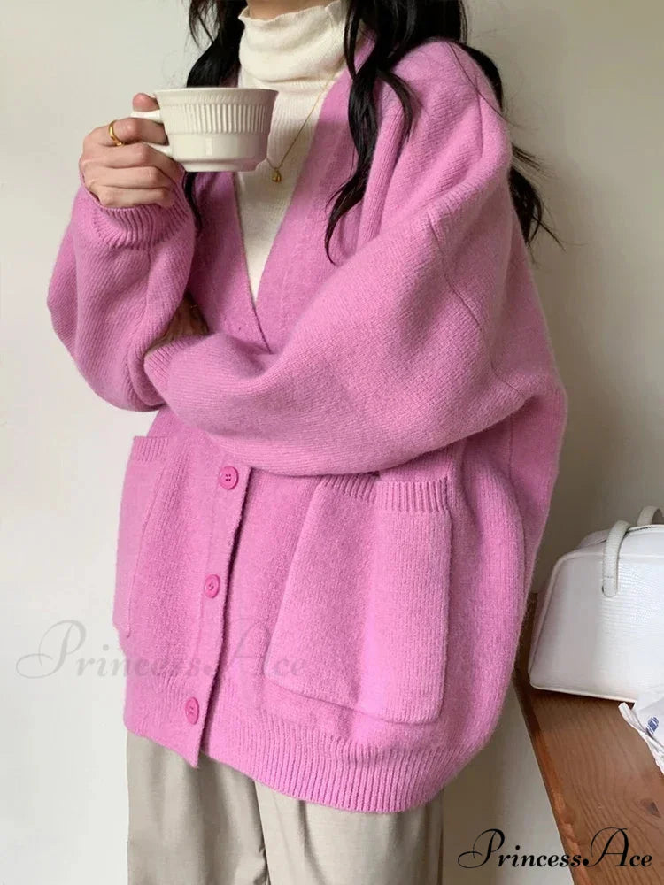 Large Preppy V-Neck Knitted Knit Cardigan PURPLE / One Size cardiagn-250126